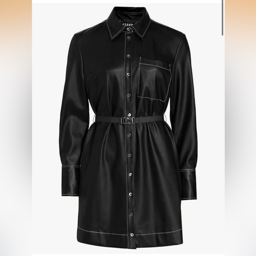 STAUD Women's Black Vegan Leather Lynn Belted Faux Mini Shirtdress S